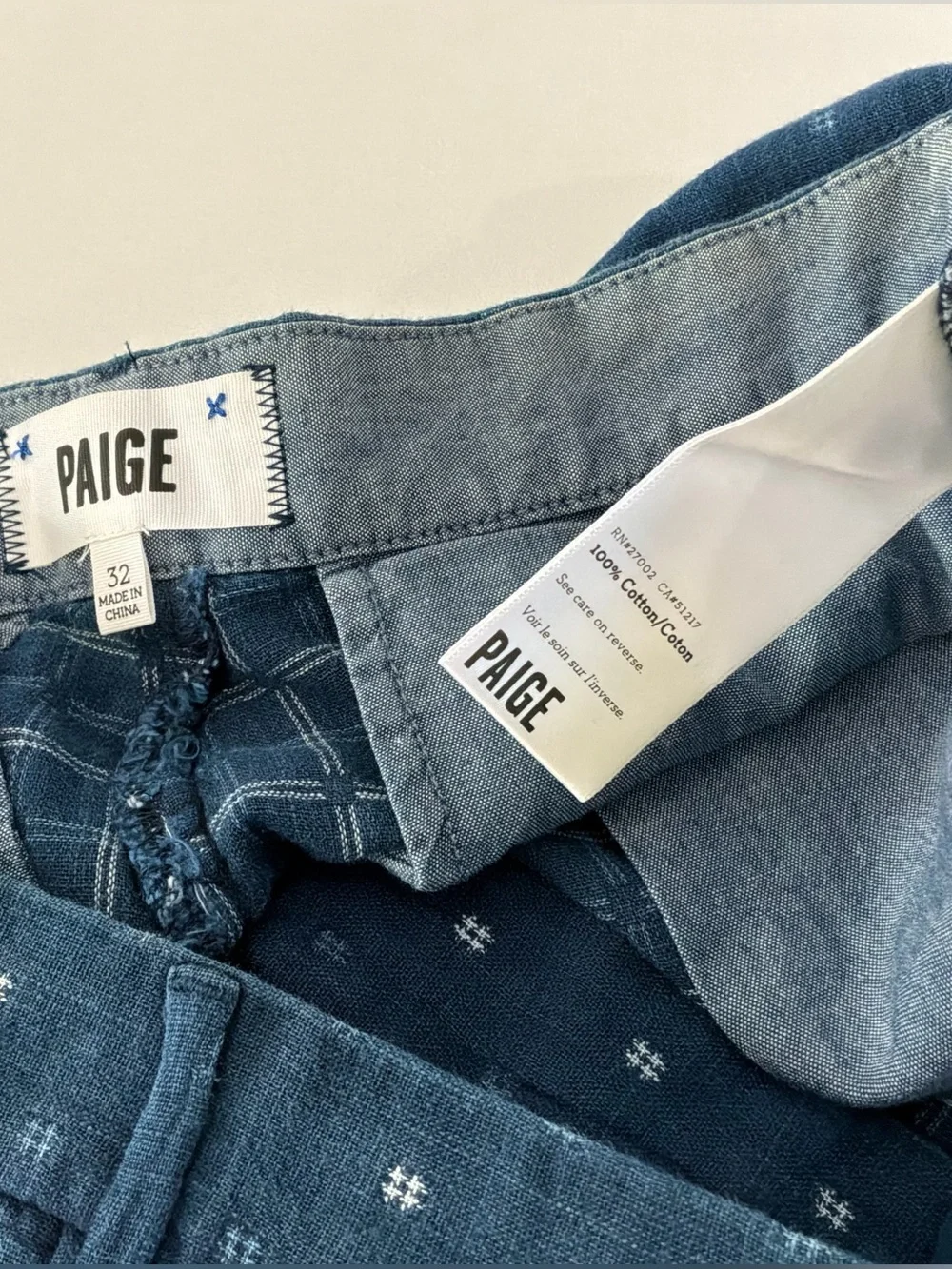 PAIGE Mens Blue Printed Cotton Chino Shorts Size 32 Casual Summer Flat Front